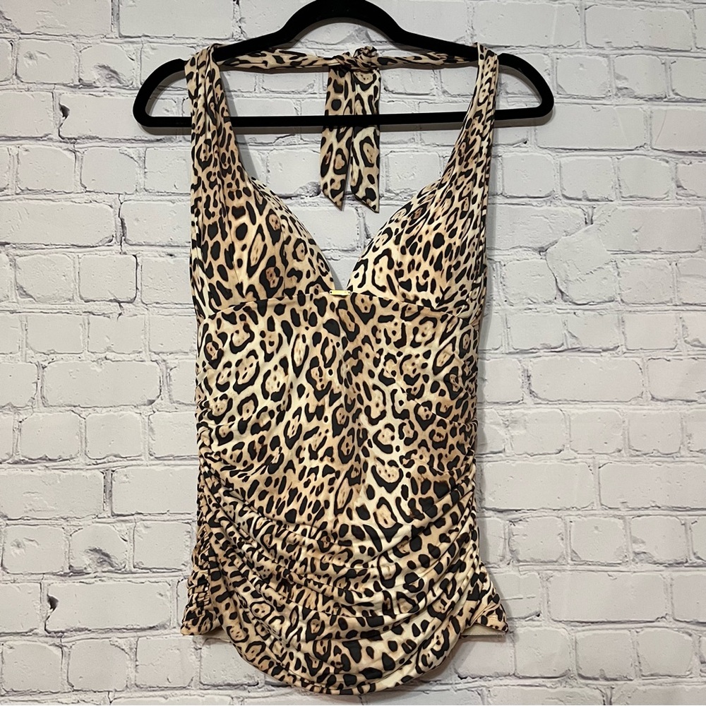 Victorias Secret Swim Tankini Top Large Leopard Animal Print Halter Logo Cheetah